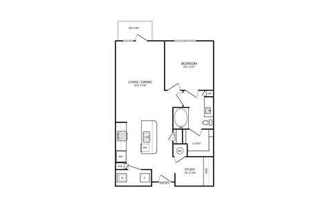 Floor plan for 1 bed, 1 bath, 864 sqft